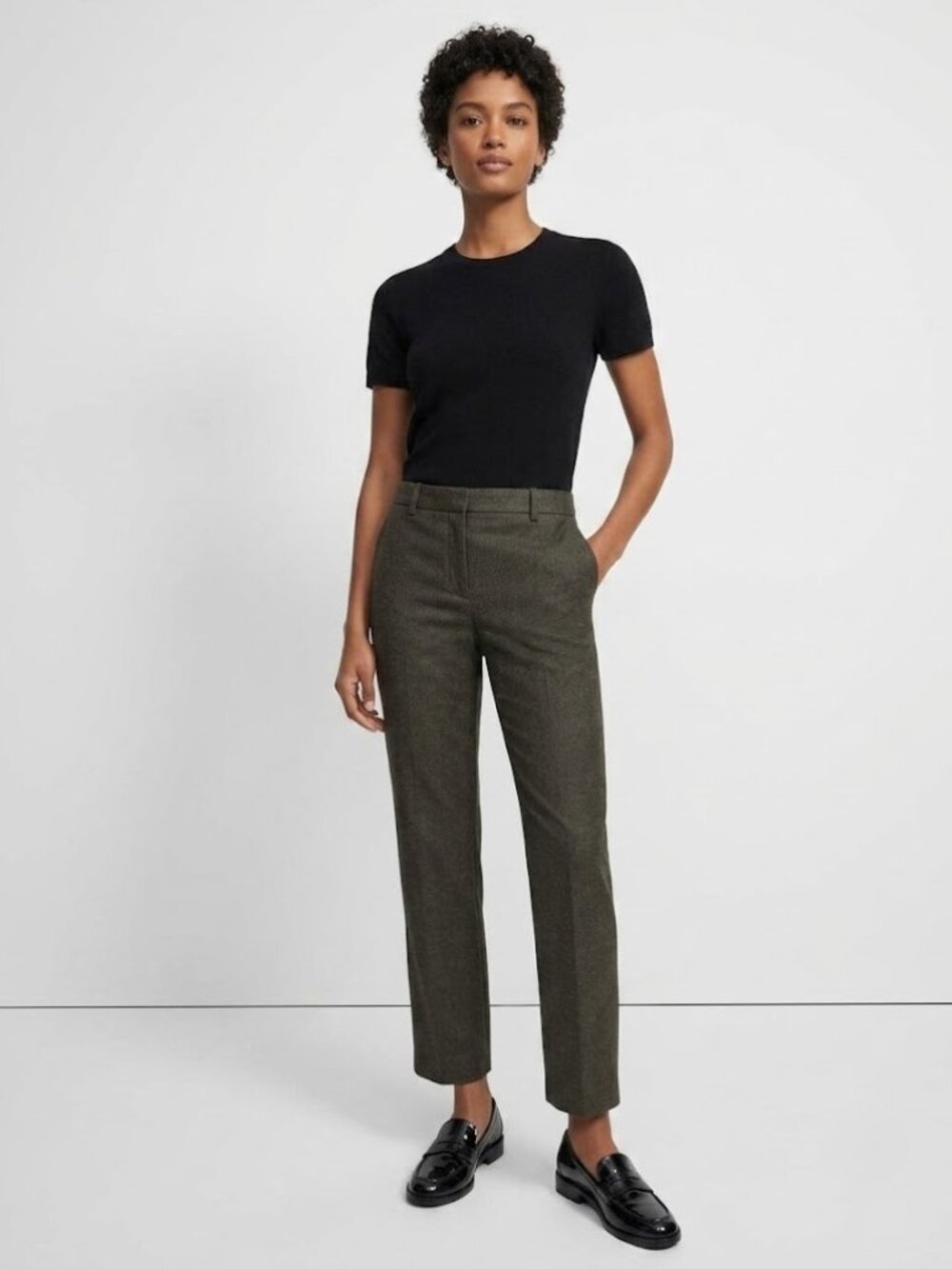 NWT Theory Treeca in Dark Thyme Green Sleek Flannel Wool Tapered Crop Pant 12